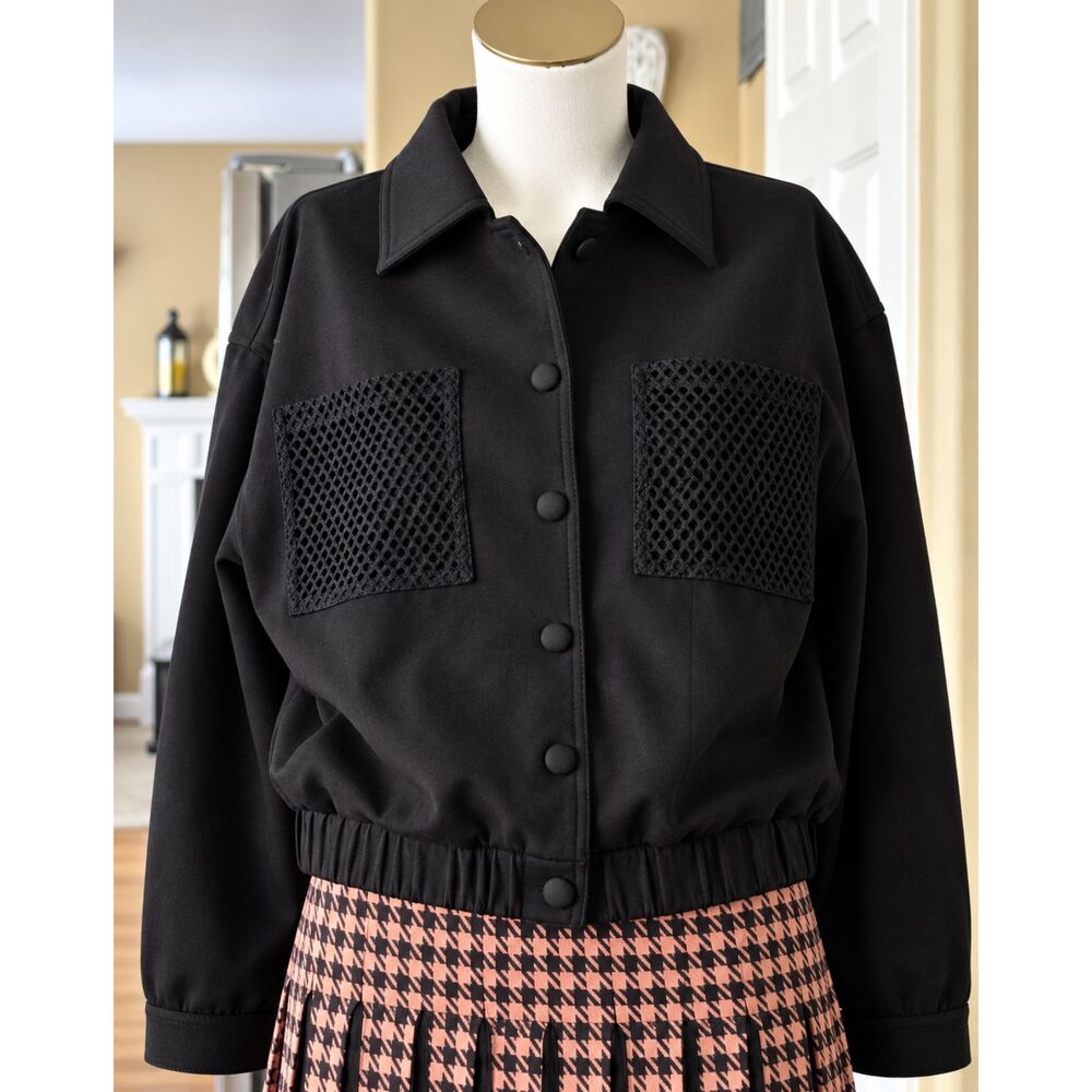 Aleeza Paris Danielle Black Mesh Pocket Button Front Bomber Jacket Womens XS